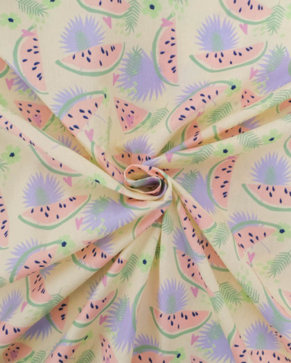 Popeline de Coton Jaune Pastel Motif Pastèque - Mercerine
