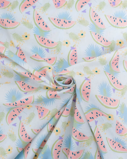 Popeline de Coton Bleu Pastel Motif Pastèque - Mercerine