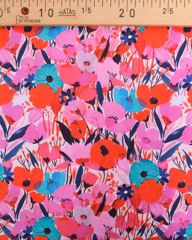 Popeline de Coton Big Flower Rose et Bleu - Mercerine