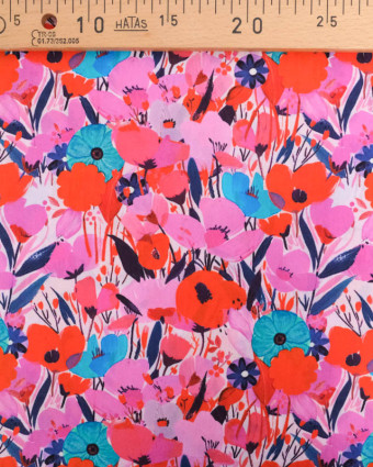 Popeline de Coton Big Flower Rose et Bleu - Mercerine