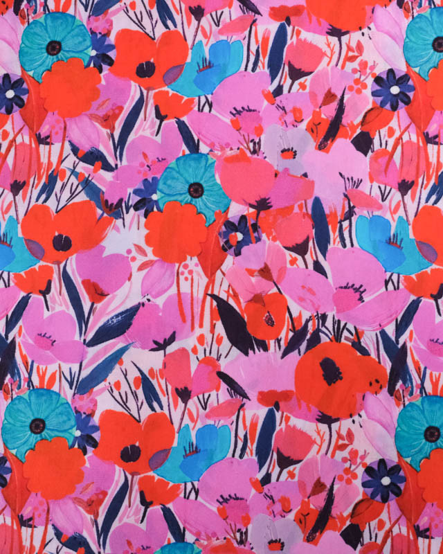 Popeline de Coton Big Flower Rose et Bleu - Mercerine