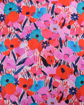 Popeline de Coton Big Flower Rose et Bleu - Mercerine