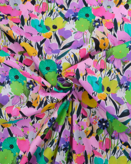 Popeline de Coton Big Flower Mauve et Vert - Mercerine