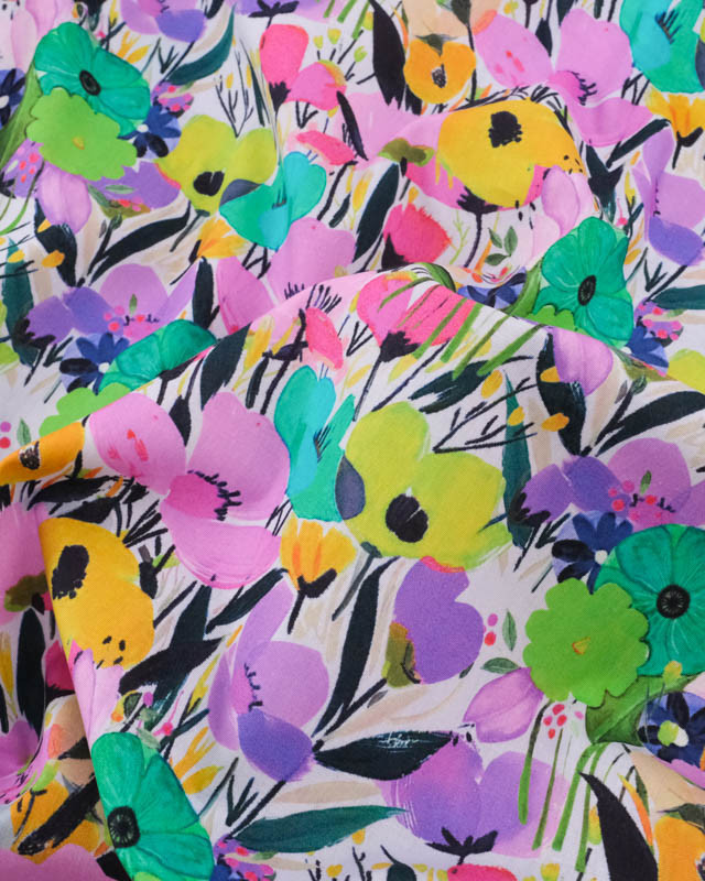 Popeline de Coton Big Flower Mauve et Vert - Mercerine