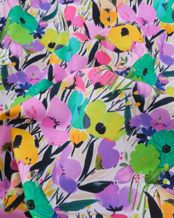 Popeline de Coton Big Flower Mauve et Vert - Mercerine