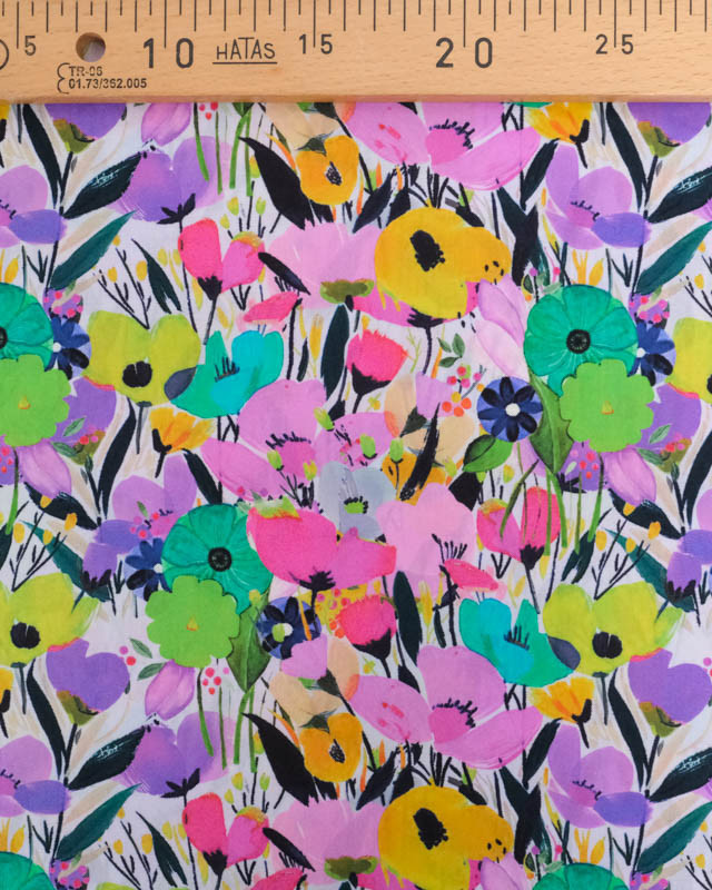 Popeline de Coton Big Flower Mauve et Vert - Mercerine