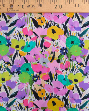 Popeline de Coton Big Flower Mauve et Vert - Mercerine