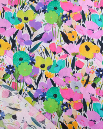 Popeline de Coton Big Flower Mauve et Vert - Mercerine