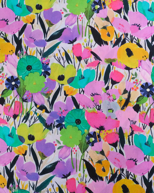 Popeline de Coton Big Flower Mauve et Vert - Mercerine