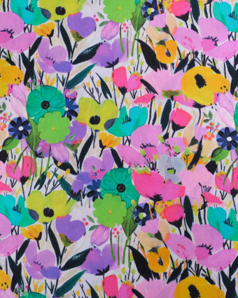 Popeline de Coton Big Flower Mauve et Vert - Mercerine