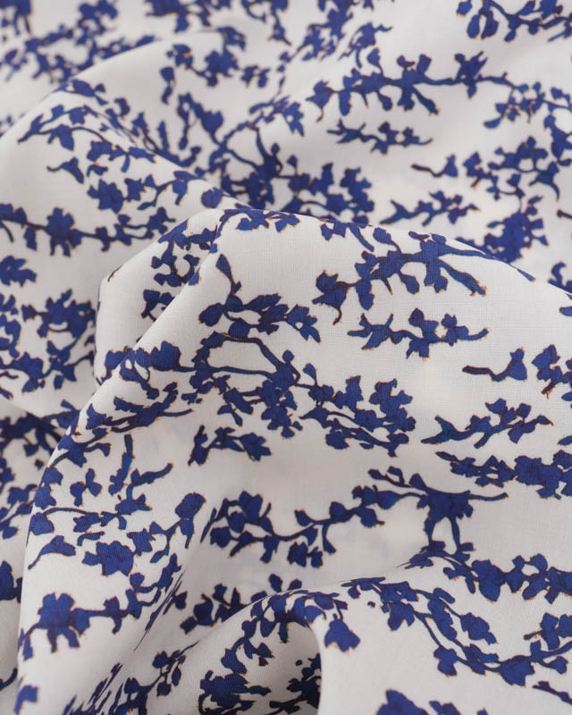 Viscose Ecrue Petit Feuillage Bleu Myrtille - Mercerine