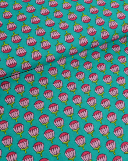 Voile de Coton Esprit Indien Bleu Vert Fleurs Roses - Mercerine