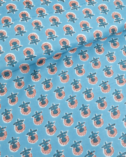 Voile de Coton Esprit Indien Bleu Ciel Petites Fleurs - Mercerine