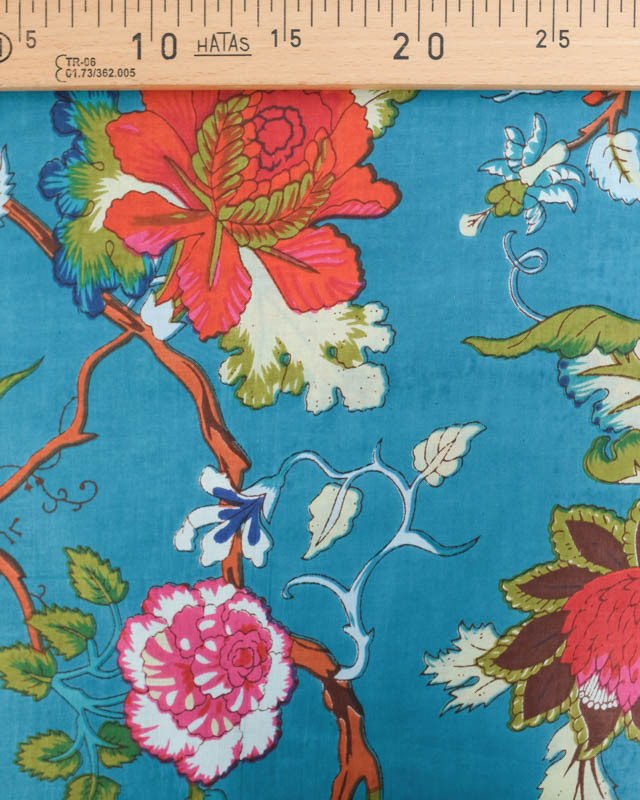 Voile de Coton Esprit Indien Bleu Motif Floral Multicolore - Mercerine