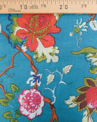 Voile de Coton Esprit Indien Bleu Motif Floral Multicolore - Mercerine