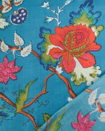 Voile de Coton Esprit Indien Bleu Motif Floral Multicolore - Mercerine