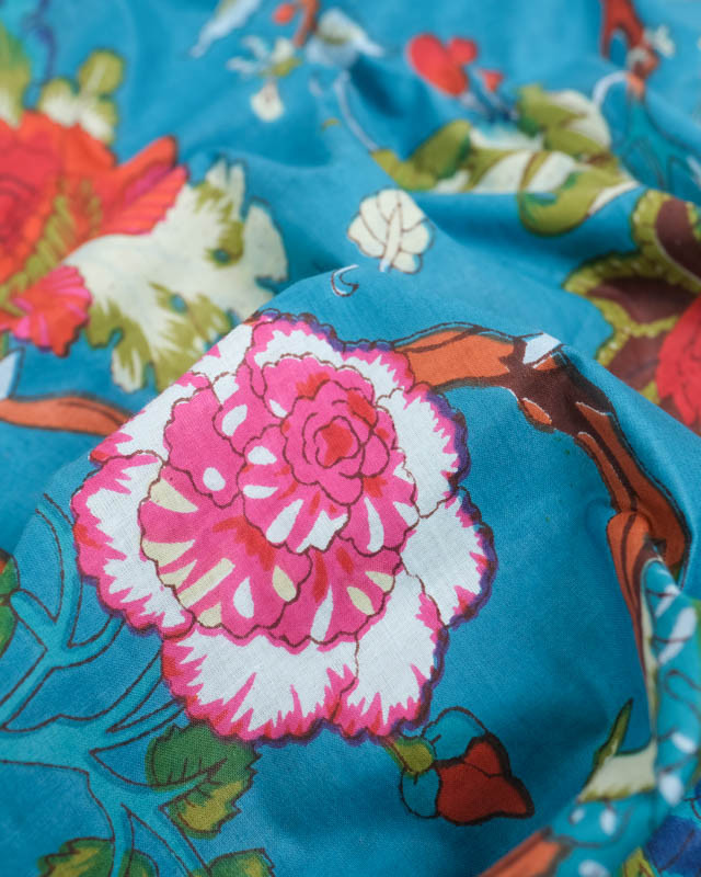 Voile de Coton Esprit Indien Bleu Motif Floral Multicolore - Mercerine
