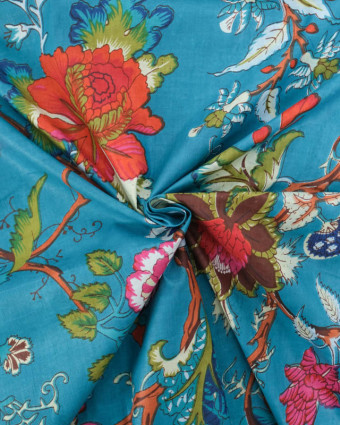 Voile de Coton Esprit Indien Bleu Motif Floral Multicolore - Mercerine