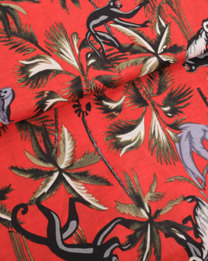 Voile de Coton Esprit Indien Rouge Motif Singes - Mercerine