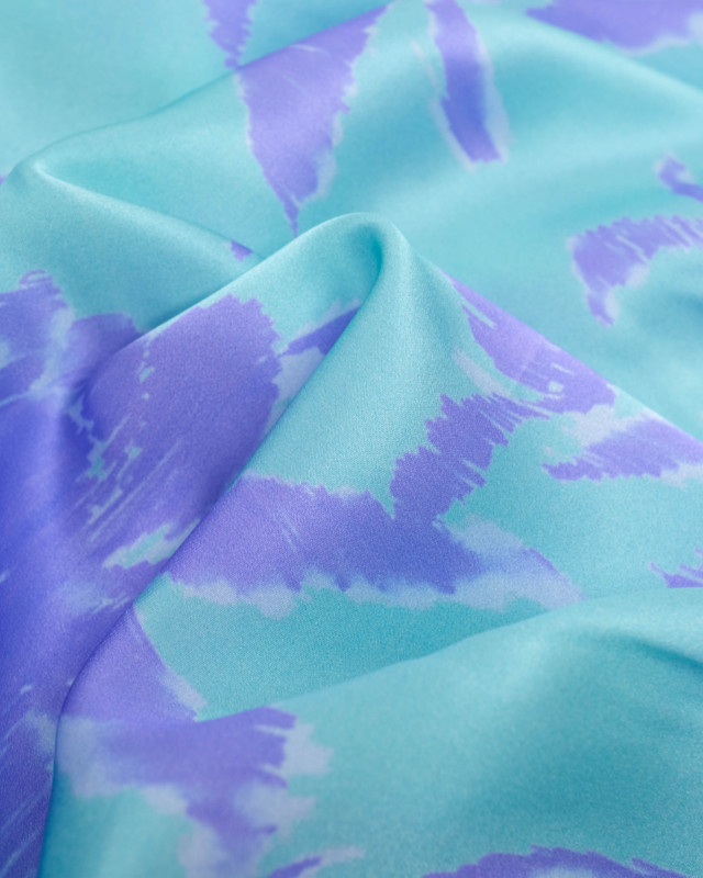 Satin de Soie Italienne Menthe Glacée Motif Floral Myrtille - Mercerine