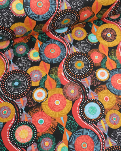 Tissu Coton Imprimé Pop Multicolore Fond Noir - Mercerine