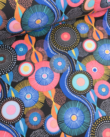 Tissu Coton Imprimé Pop Bleu et Rose Fond Noir - Mercerine