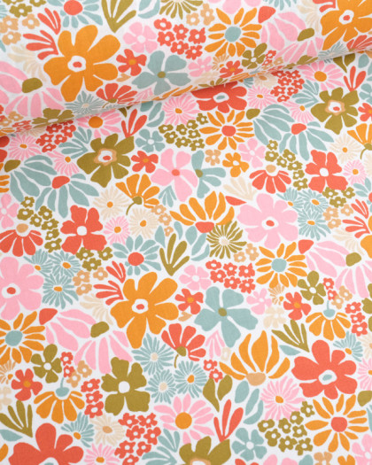 Tissu Coton Imprimé Floral Rétro Fond Blanc - Mercerine