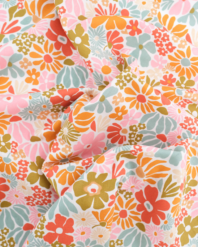 Tissu Coton Imprimé Floral Rétro Fond Blanc - Mercerine