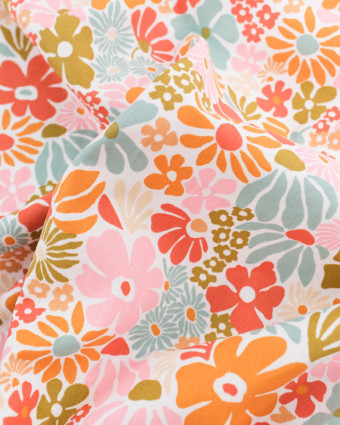 Tissu Coton Imprimé Floral Rétro Fond Blanc - Mercerine