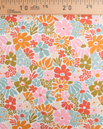 Tissu Coton Imprimé Floral Rétro Fond Blanc - Mercerine