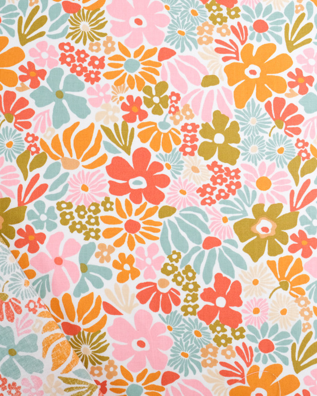 Tissu Coton Imprimé Floral Rétro Fond Blanc - Mercerine