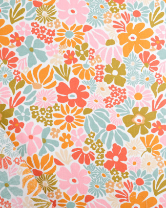 Tissu Coton Imprimé Floral Rétro Fond Blanc - Mercerine