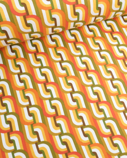 Tissu Coton Imprimé Graphique Rétro Vert et Orange - Mercerine