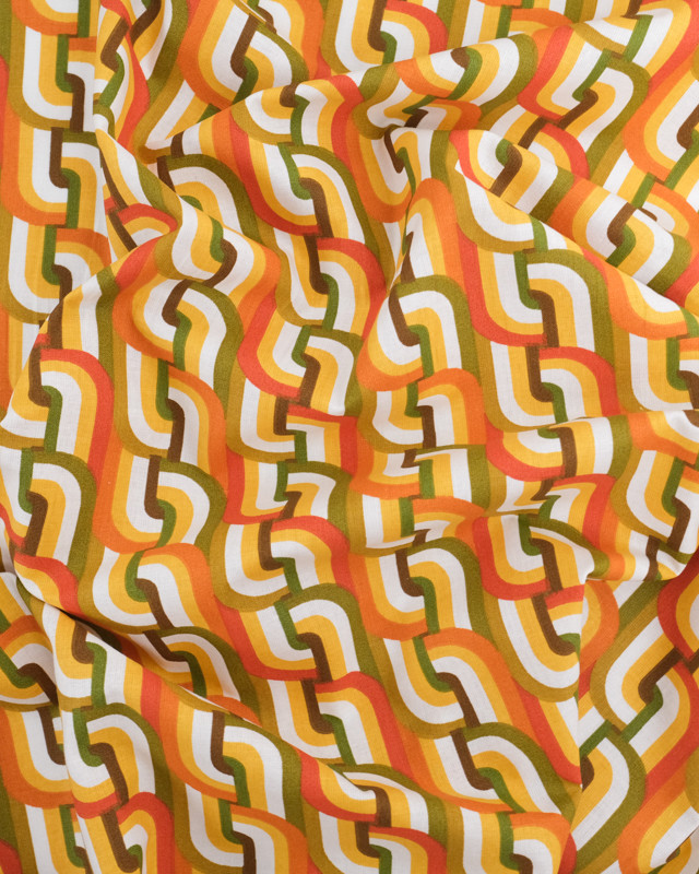 Tissu Coton Imprimé Graphique Rétro Vert et Orange - Mercerine