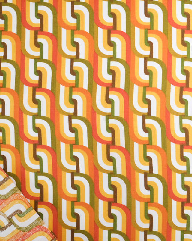 Tissu Coton Imprimé Graphique Rétro Vert et Orange - Mercerine