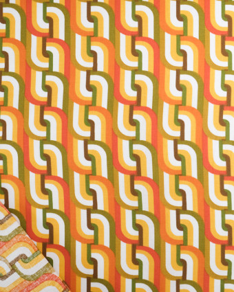 Tissu Coton Imprimé Graphique Rétro Vert et Orange - Mercerine