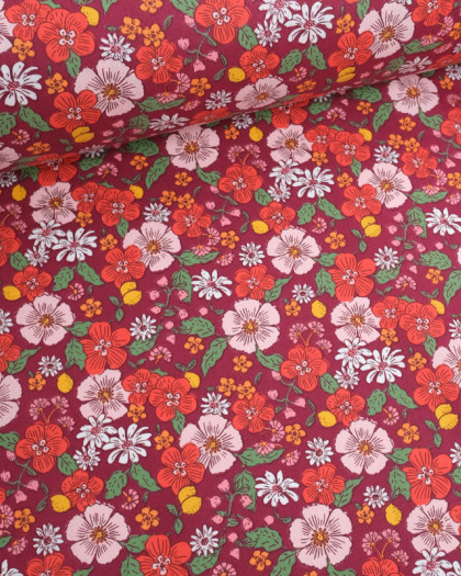 Tissu Coton Imprimé Fleuri Fond Bordeaux - Mercerine