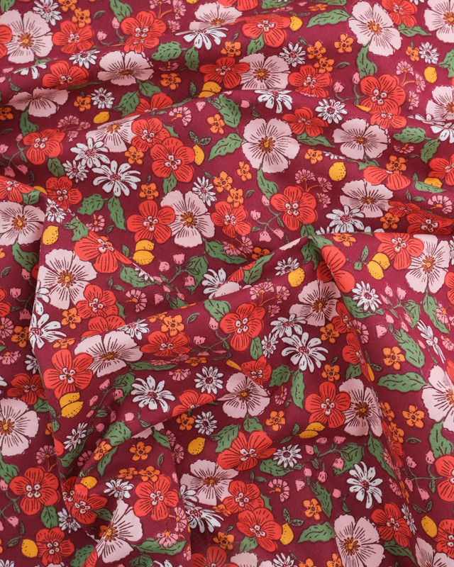 Tissu Coton Imprimé  Fleuri Fond Rétro - Mercerine