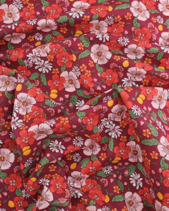 Tissu Coton Imprimé  Fleuri Fond Rétro - Mercerine
