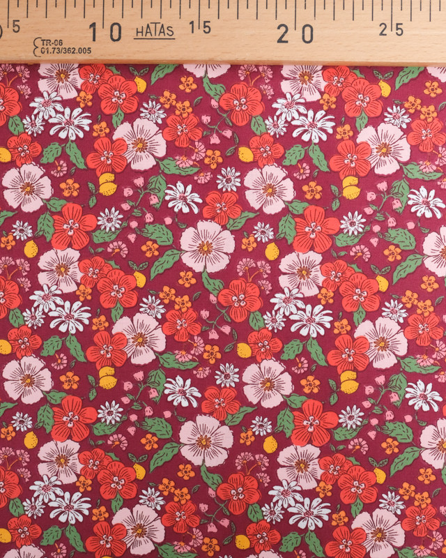 Tissu Coton Imprimé  Fleuri Fond Rétro - Mercerine