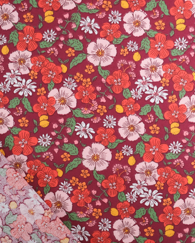 Tissu Coton Imprimé  Fleuri Fond Rétro - Mercerine