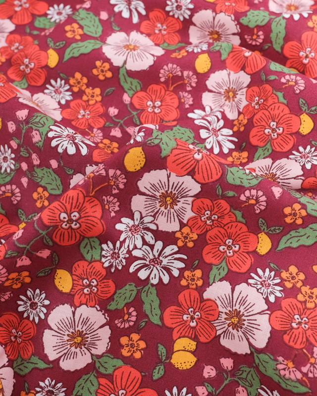 Tissu Coton Imprimé  Fleuri Fond Rétro - Mercerine