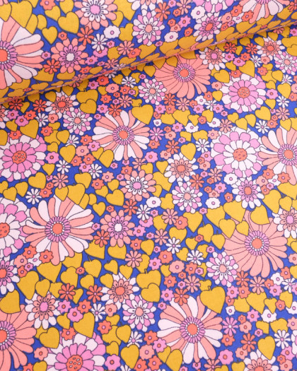 Tissu Coton Imprimé Fleurs et Cœurs Rétro Rose - Mercerine