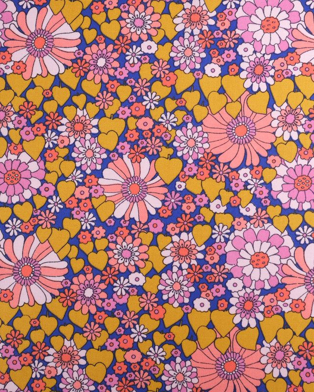 Tissu Coton Imprimé Fleurs et Cœurs Rétro Rose - Mercerine