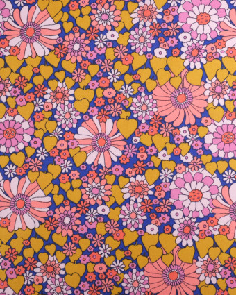 Tissu Coton Imprimé Fleurs et Cœurs Rétro Rose - Mercerine
