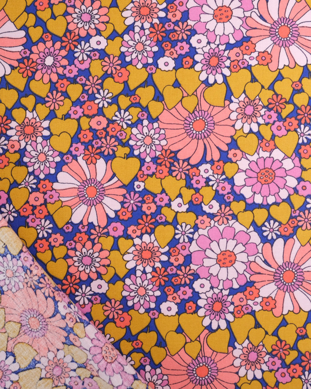 Tissu Coton Imprimé Fleurs et Cœurs Rétro Rose - Mercerine