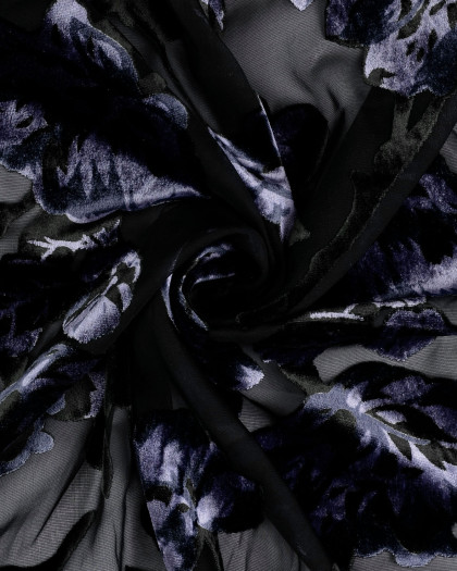 Voile Noir Impression Velours Fleuri Pourpre - Mercerine
