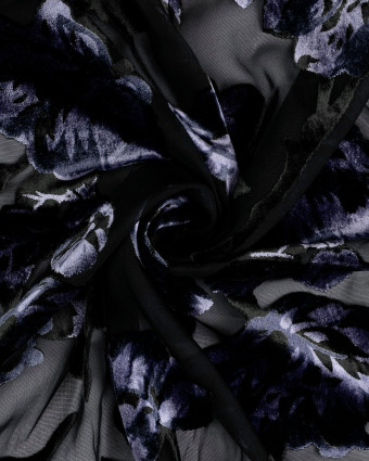 Voile Noir Impression Velours Fleuri Pourpre - Mercerine