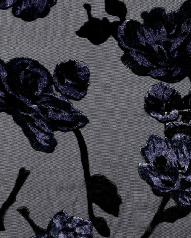 Voile Noir Impression Velours Fleuri Prune - Mercerine