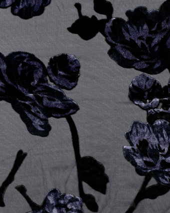 Voile Noir Impression Velours Fleuri Prune - Mercerine